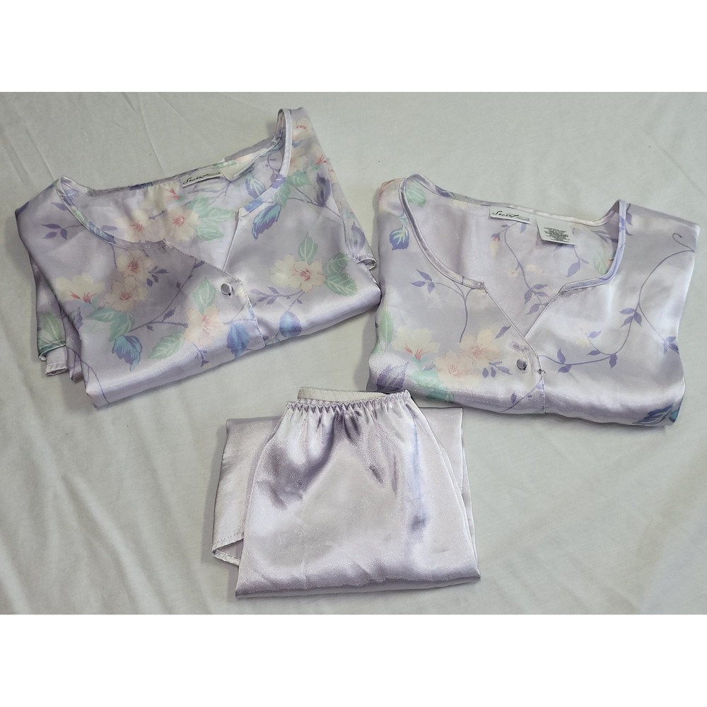 Secret Treasures Womens 3pc Pajama Shorts Set XL Lavender Floral Satin Vtg Y2K